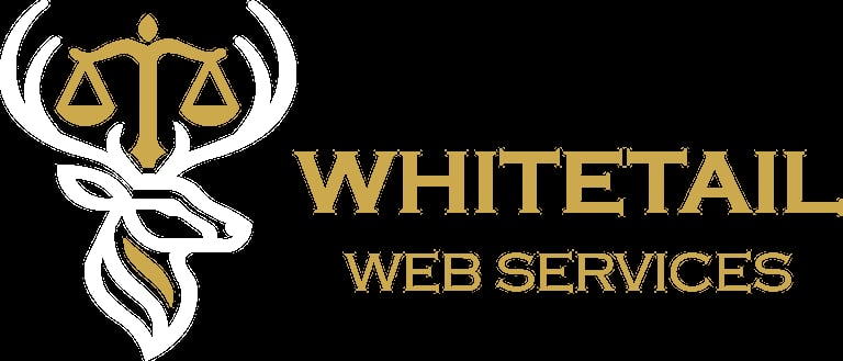 Whitetail Web Services logo featuring a deer head with scales of justice symbol and gold text on black background