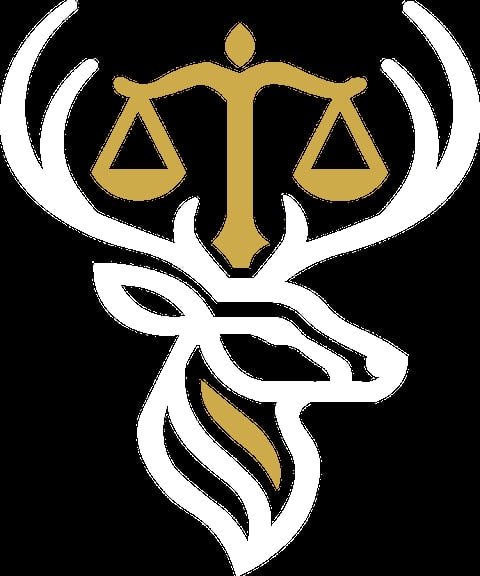 Gold and white logo combining scales of justice symbol above a stylized stag head silhouette